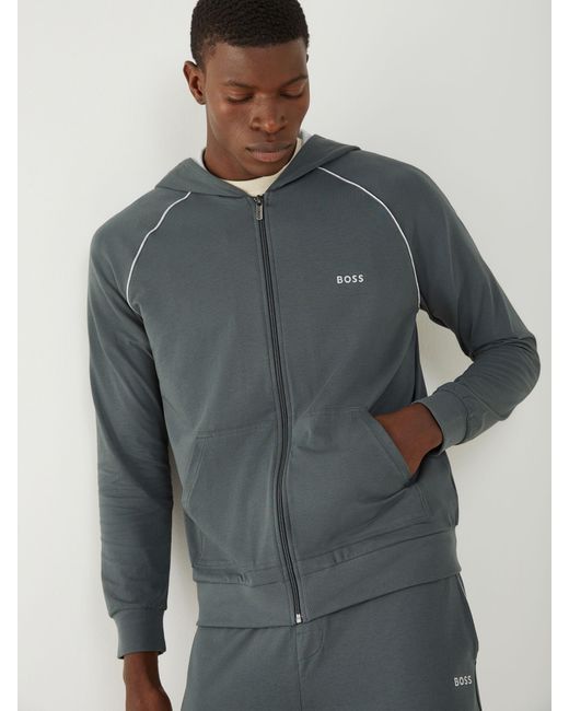 Boss Gray Stretch Cotton Zip-Up Hoodie for men