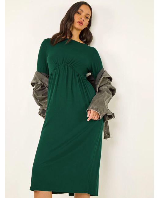 Roman Green Gathered Pocket Stretch Midi Dress