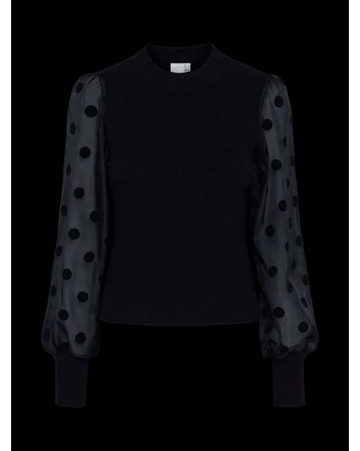 Y.A.S Black Y. A.S Y. A.S Polka Dot Mesh Sleeve Knitted Long Sleeve Top