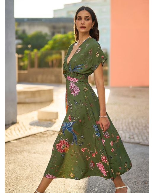 green kimono dress Green and Black Emerald Print Kimono Silk Dress – Belma Tvico