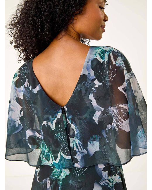 Roman Black Petite Abstract Floral Print Cape Dress