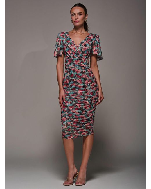 Jolie Moi Gray Angel Sleeved Floral Mesh Bodycon Dress