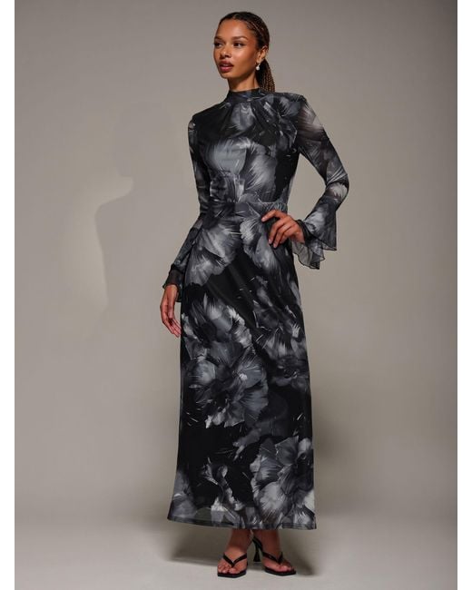 Jolie Moi Gray Ruffle Long Sleeve Mesh Maxi Dress