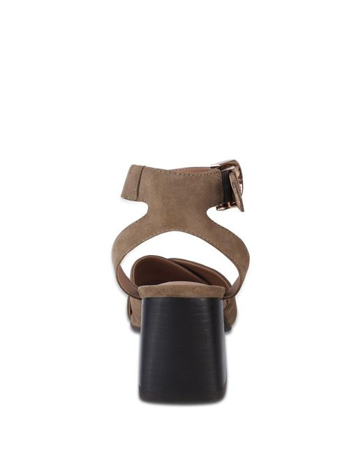 OFF THE HOOK Brown Ruby Suede Leather Heeled Sandals With Crossover Front Strap