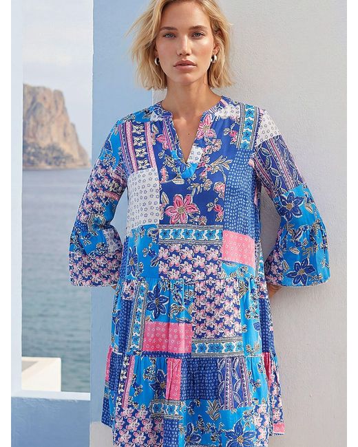 Roman Blue Patchwork Print Swing Dress