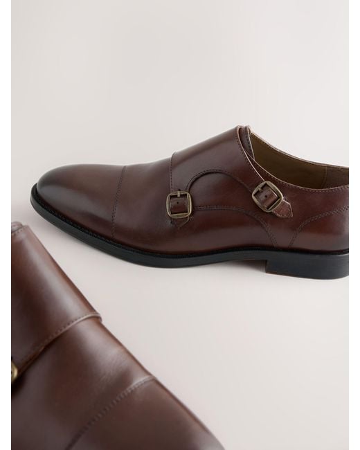 Next Brown Double Monk Leather Shoes for men