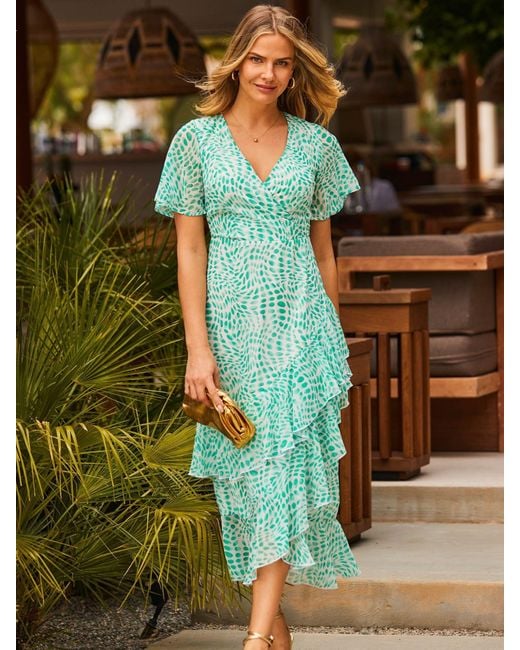 Sosandar Green Petite Abstract Print Layered Hem Angel Sleeve Maxi Dress
