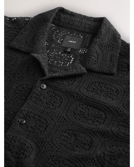 Next Black Short Sleeve Crochet Shirt With Cuban Collar for men