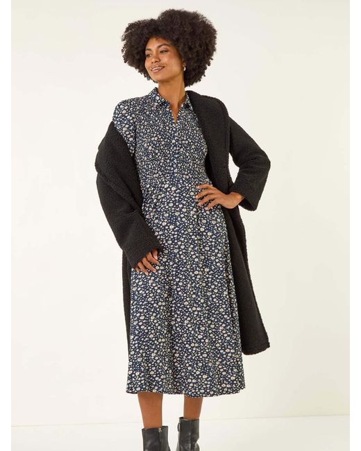 Roman Black Ditsy Floral Print Shirred Midi Dress