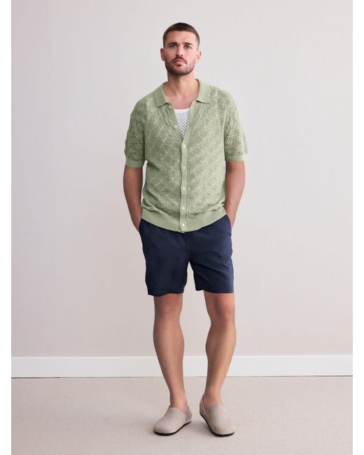 Next Green Signature Linen Rich Short Sleeve Knit Crochet Button Through Polo Shirt for men