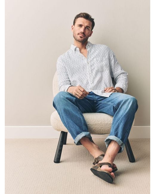 Next White Signature 100% Linen Stripe Long Sleeve Shirt for men