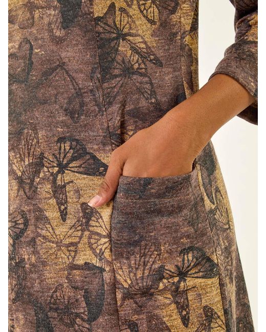 Roman Brown Butterfly Pocket Stretch Shift Dress