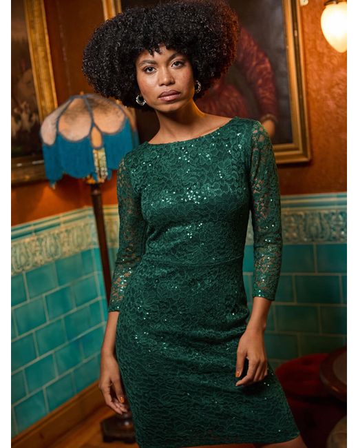 Roman Green Sequin Lace Ruched Stretch Dress
