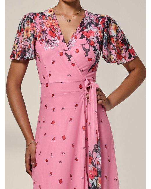 Jolie Moi Pink Floral Mirror Mesh Wrap Maxi Dress