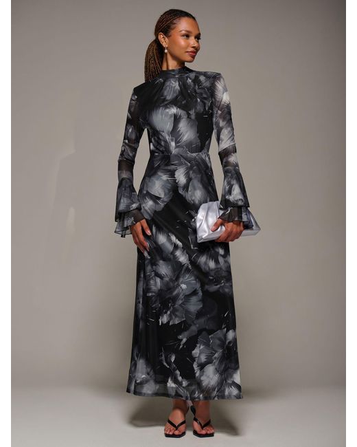 Jolie Moi Gray Ruffle Long Sleeve Mesh Maxi Dress