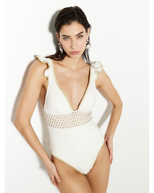 River Island White Badeanzug Mit Tiefem Ausschnitt Und Cutwork-Designeu 46 (Uk 18)