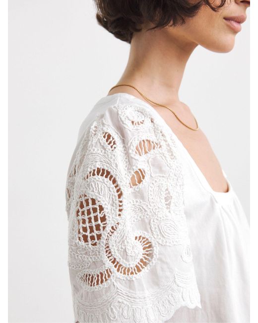 JD Williams White Square Neck Lace Sleeve 100% Cotton Top