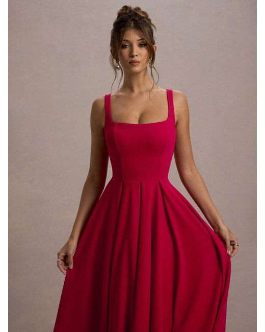 Club L London Red Parina Strappy Volume Hem Midi Dress