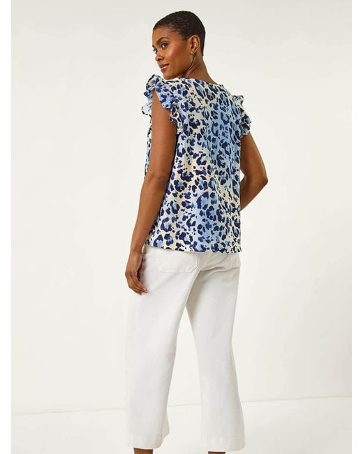 Roman Blue Animal Print Frill Sleeve Blouse