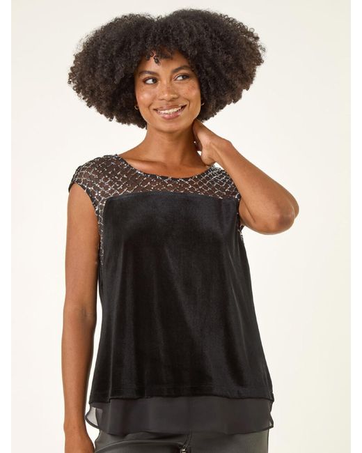 Roman Black Velvet Sequin Mesh Blouse