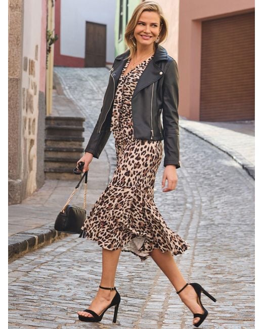 Sosandar Brown Leopard Print Ruched Detail Dress