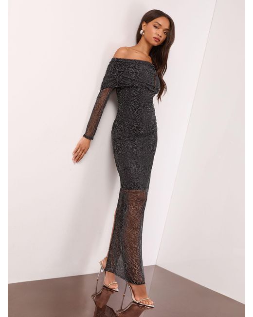 Lipsy Hotfix Bardot Long Sleeve Maxi Dress in Black | Lyst
