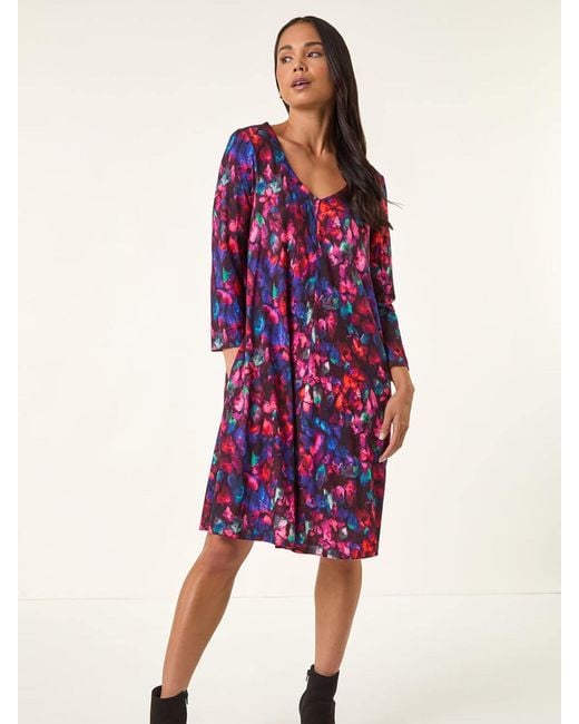 Roman Purple Petite V-Neck Swing Dress