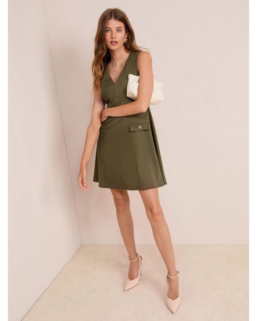 Friends Like These Natural Petite Mini Fit Sleeveless V-Neck And Flare Button Detail Dress