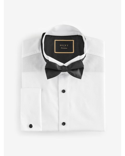 Next Black Regular Fit Textured Double Cuff Long Sleeve Shirt With Wing Collar And Bow Tie Pack for men