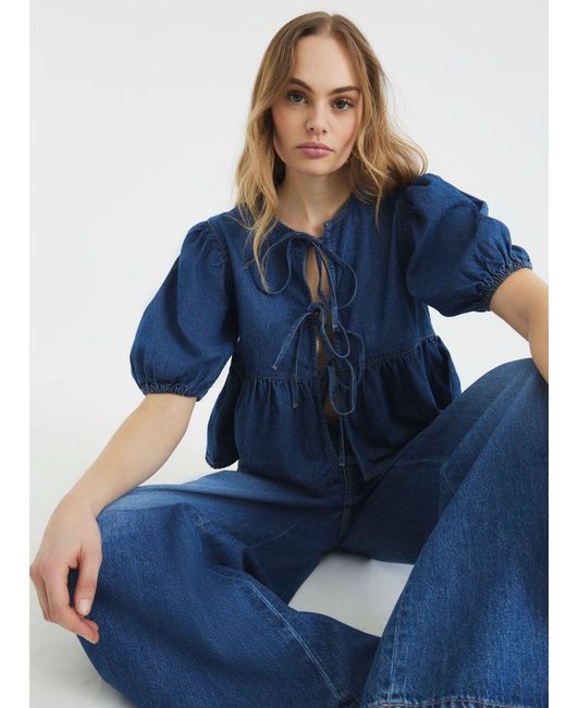 River Island Blue Denim Puff Sleeve 100% Cotton Shirt
