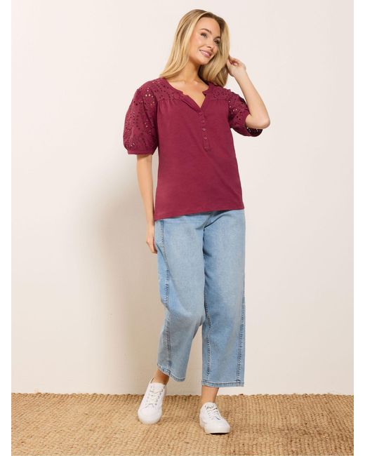 M Com Red Broderie Half Placket Top