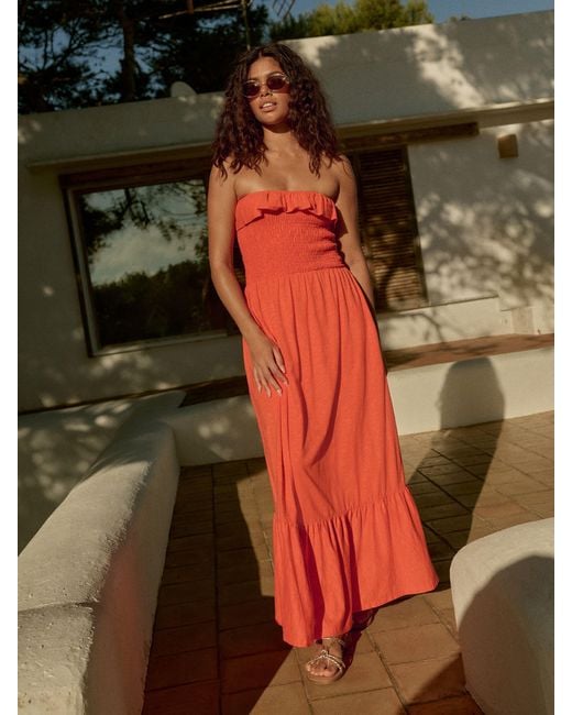 Next Red Print Bandeau Frill Summer Midi Dress