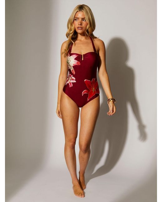 South Beach Red Floral U Wire Bandeau Tummy Control Swimsuit With Removable Straps