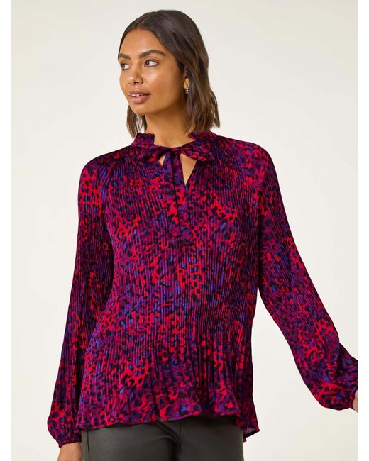 Roman Red Animal Print Tie Neck Pleated Blouse