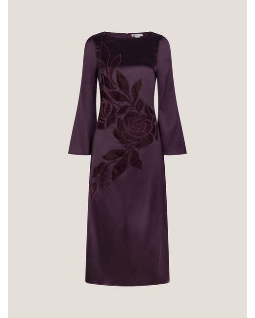Monsoon Purple Callie Floral Satin Long Sleeve Midi Dress