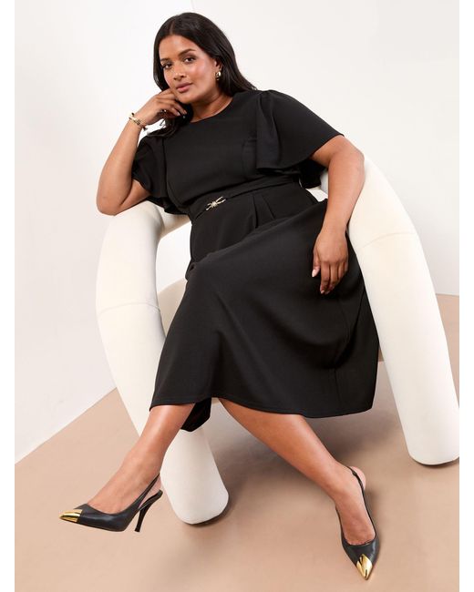 Lipsy Black Curve Crew Neck Short Sleeve Fit And Flare Midi Dress With Trim Belt