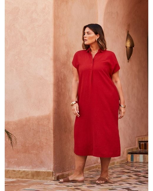 Live Unlimited Red Linen Blend Chuck On Shirt Dress