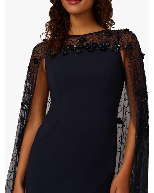 Adrianna Papell Blue Bead Cape Crepe Long Dress