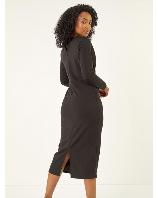 Roman Black Petite Gathered Stretch Midi Dress