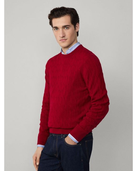 Hackett Red Lambswool Cable Crew Neck Jumper for men