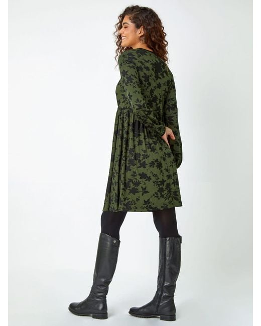 Roman Green Floral Contrast Trim Stretch Dress