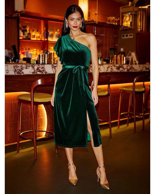 Yumi' Orange Velvet Frill One Shoulder Midi Dress With Split Hem