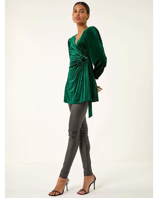 Roman Green Velvet Pleated Wrap Blouse