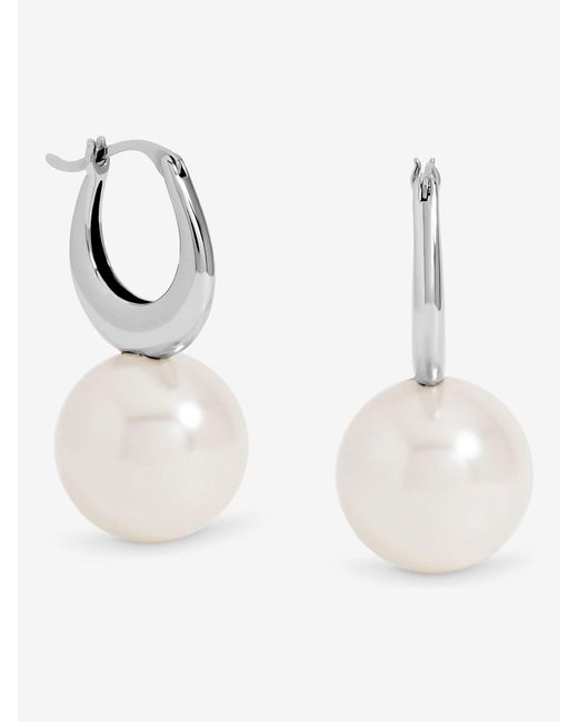 Jon Richard White Rhodium Plated Polished And Pearl Hoop Earrings