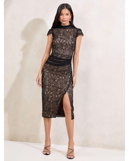 Lipsy Petite Lace Short Sleeve Bodycon Midi Dress in Brown | Lyst