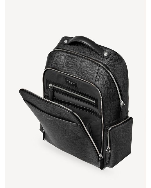 Aspinal Black Reporter Pebble Leather Zip Backpack for men