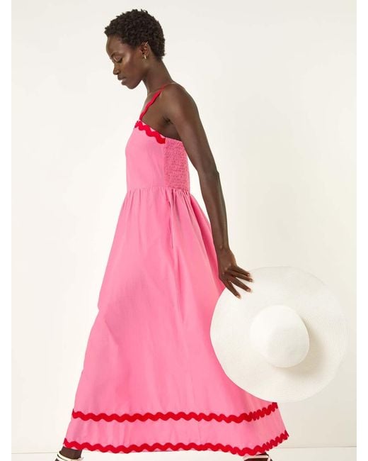 Roman Pink Contrast Ric Rac 100% Cotton Midi Dress