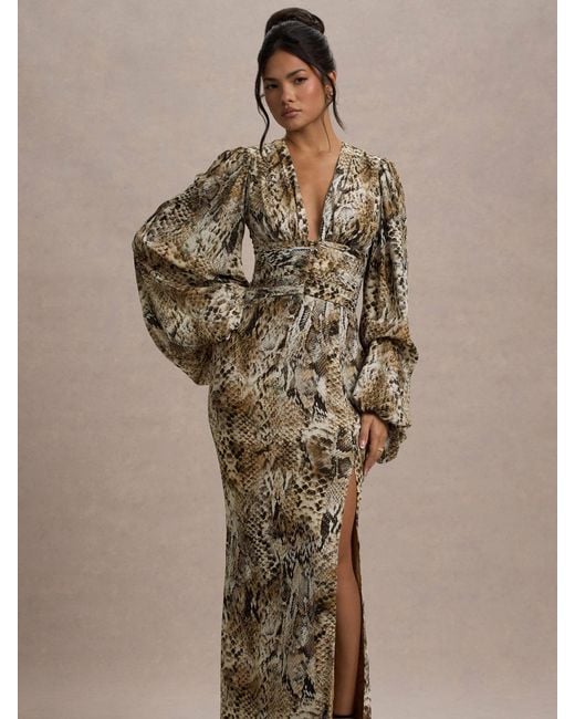 Club L London Natural Casarile V-Neck Balloon Sleeve Maxi Dress