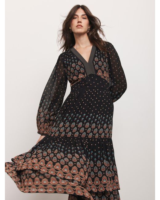 Mint Velvet Black Retro Print Midi Dress