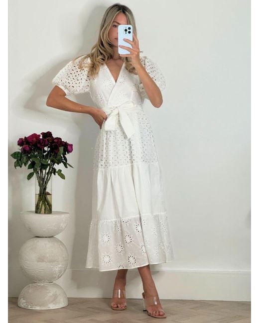 Style Cheat White Wrap Front Belted Broderie Claudia Midi Dress